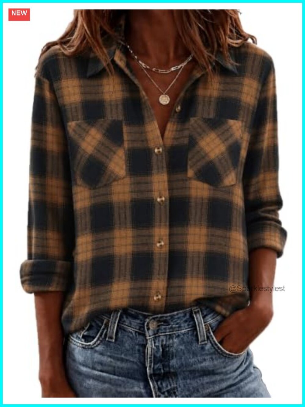 Womens Flannel Plaid Button Down Shirt Long Sleeve Loose Fit Work Blouse